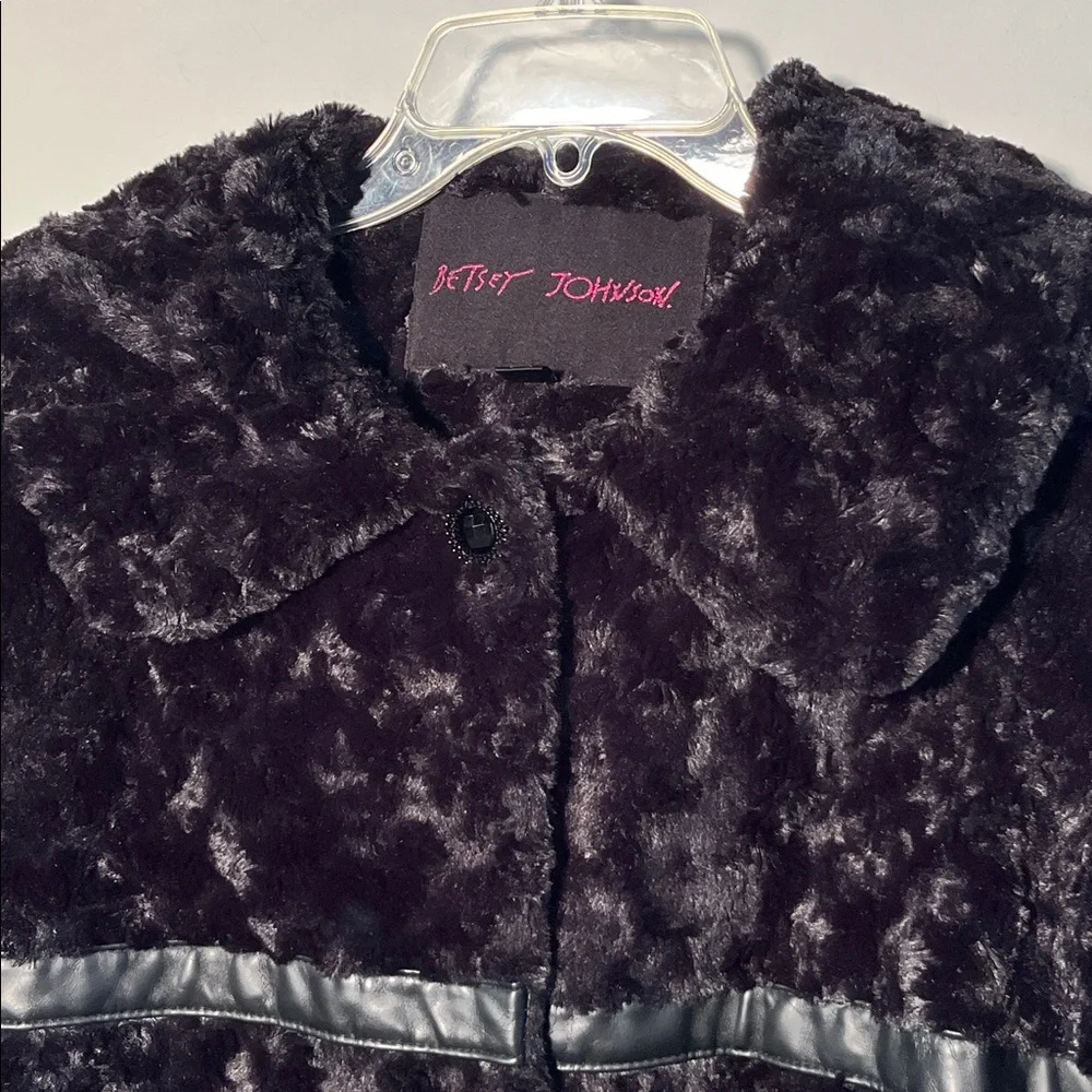 BETSEY JOHNSON Penny Lane Faux Mongolian Fur/Leather Mod Wide Collar BLK Coat S - Picture 2 of 16